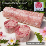 Beef Eye Fillet Mignon Has Dalam Tenderloin frozen MELTIQUE meltik (wagyu alike) SAKA steak 1cm 3/8" @100g (price/pack 500g 4-5pcs)
